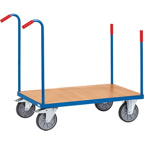 Blue cart with brown loading surface and red handles. Four wheels.