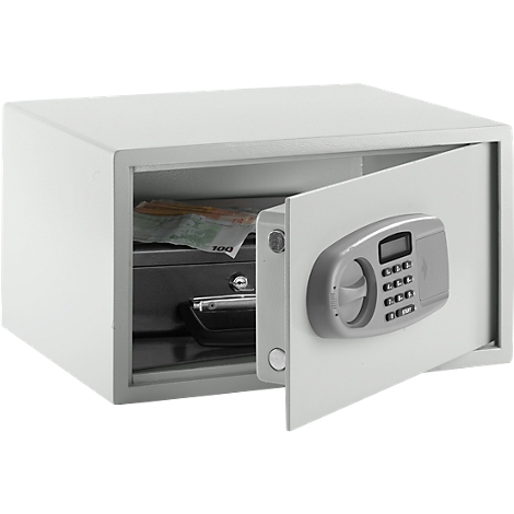 A white safe with an open door, showing cash and a black safe inside. The safe has a digital control panel.