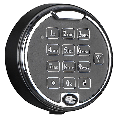 Round, black keypad with illuminated keys and numbers. Silver bezel. Features letters on digit keys and a light symbol.