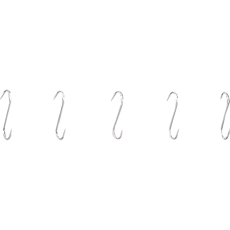 Five S-shaped metal hooks arranged side by side on a white background.