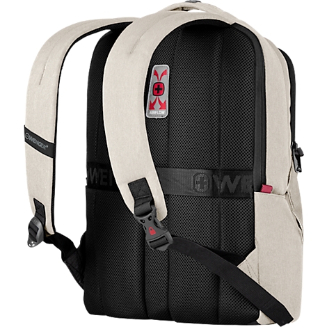 Sac à dos vu de dos, en beige et noir. Bretelles noires, dos noir avec ventilation. Accent rouge sur la boucle et le logo.