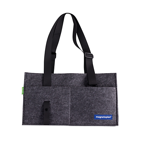 Sac en feutre gris avec sangles noires et étiquette logo magnetoplan bleue sur fond blanc.
