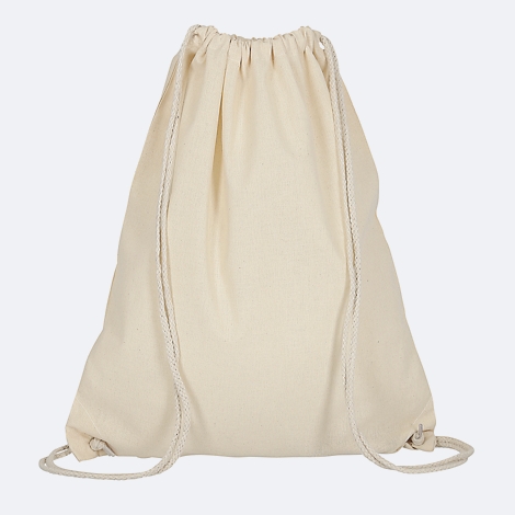 Sac en tissu beige avec cordons de serrage.