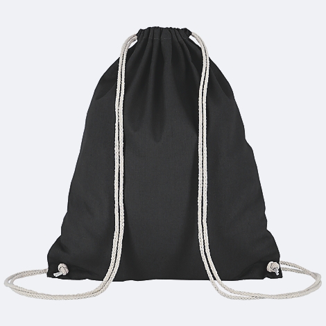 Sac de sport noir avec cordons blancs.