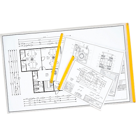 Dessins et crayons jaunes sur fond blanc. Représentations de plans d'étage de bâtiments et de dessins techniques.