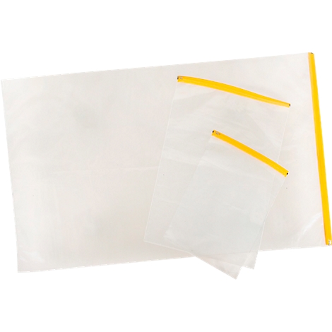 Pochettes en plastique transparent de différentes tailles avec fermetures jaunes.