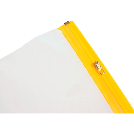 Gros plan d'un sac transparent avec fermeture éclair jaune.