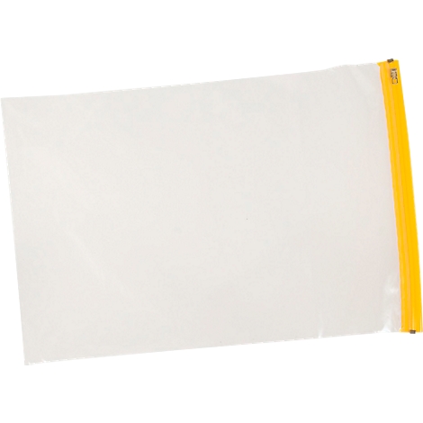 Sac transparent avec fermeture jaune. Le sac est vide.