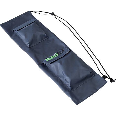 Sac bleu foncé avec deux poches plaquées et lettrage vert "Taktifol". Cordon noir pour fermer.