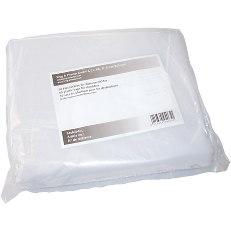 Un sac en plastique transparent avec une étiquette rectangulaire contenant des informations. Étiquette : Texte en allemand, anglais et français, code-barres.