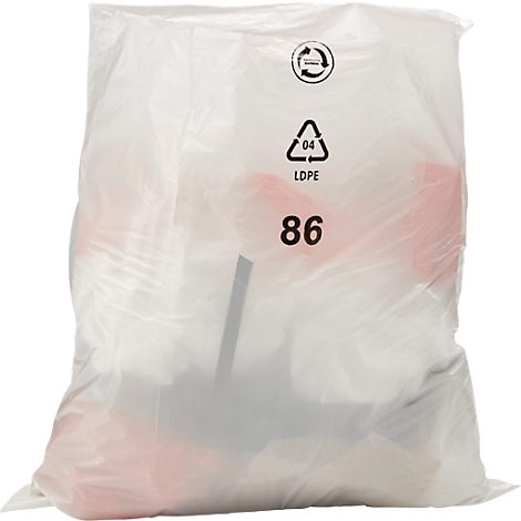 Sac poubelle en plastique blanc, rempli, avec symbole de recyclage, logo LDPE et le numéro 86.