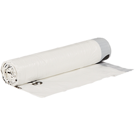 Matériau plastique déroulé, blanc, enroulé. Extrémité grise, lettrage noir.