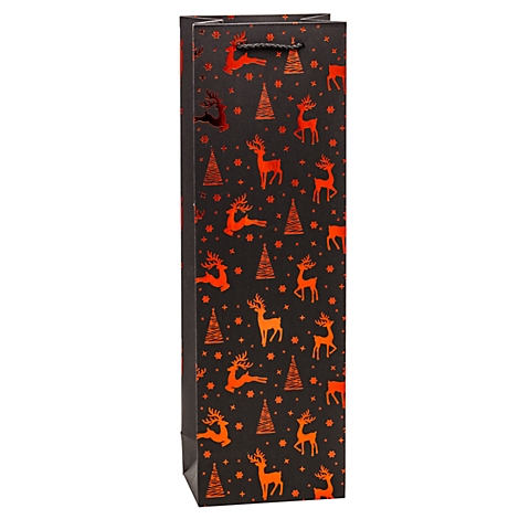 Sac à vin noir avec motif de rennes et de sapins orange, poignée noire.