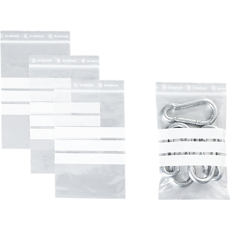 Sachets à fermeture à pression - polypropylène - 50% de matières régénérées - 100 × 150 mm - 50 µm - transparent - avec 3 zones inscriptibles - 1000 pièces par paquet