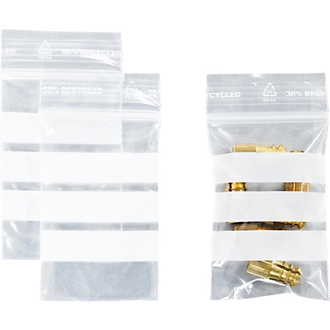 Sachets à fermeture à pression - polypropylène - 50% de matières régénérées - 40 × 60 mm - 50 µm - transparent - avec 3 zones inscriptibles - 1000 pièces par paquet