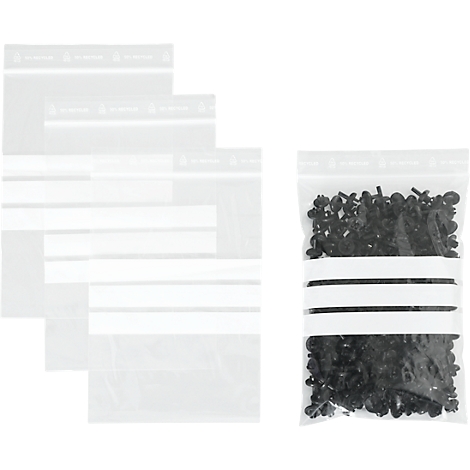 Sachets à fermeture à pression - polypropylène - 50% de matières régénérées - 70 × 100 mm - 50 µm - transparent - avec 3 zones inscriptibles - 1000 pièces par paquet