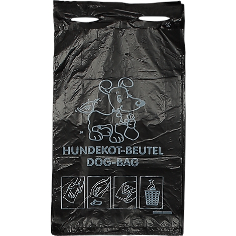 Sac à déjections canines noir avec impression blanche : chien, lettrage, pictogrammes d'utilisation.