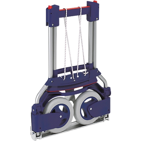 Folded blue and silver shopping trolley with white wheels.