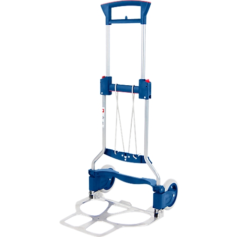 Blue transport cart, metal frame, carrying handle. White ropes, two wheels.