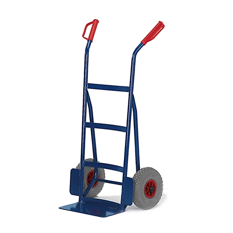 Blue hand truck with red handles, two wheels and grey tires, against a white background.
