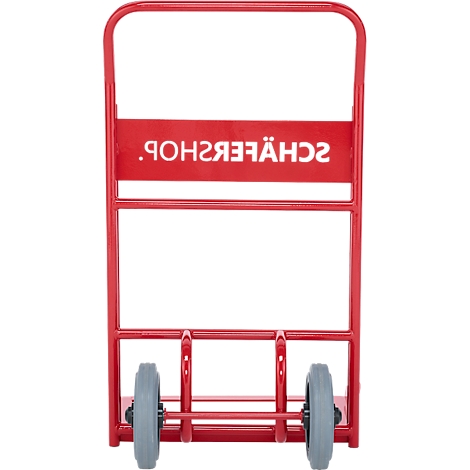 Roter Sackkarren mit SCHÄFERSHOP. Graue Räder, senkrechte Streben.