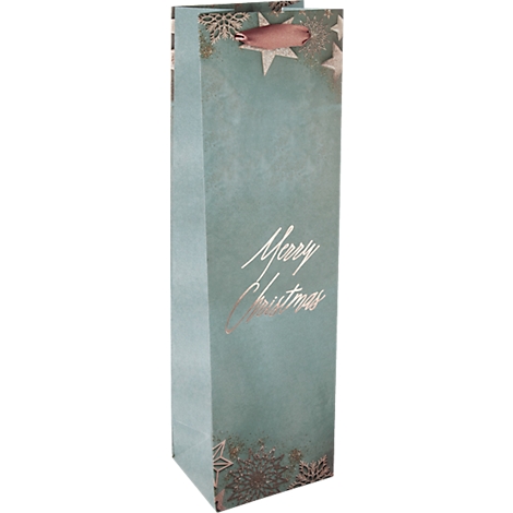 Une boîte cadeau à vin bleu-vert avec l'inscription argentée "Merry Christmas". Des étoiles et des ornements décorent la boîte.