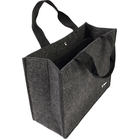 Sac en feutre gris foncé avec poignées noires. Compartiments intérieurs et une fermeture à bouton. Il y a un logo sur le côté.