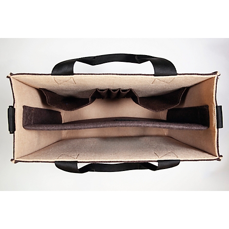 Sac en feutre beige avec poignées noires, vue sur l'intérieur avec compartiments marron.
