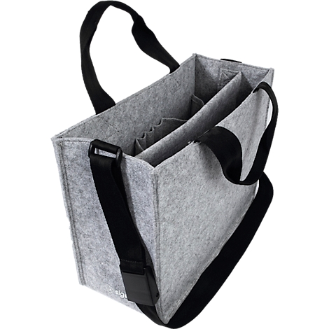 Sac en feutre gris avec poignées noires et bandoulière, divisé à l'intérieur.