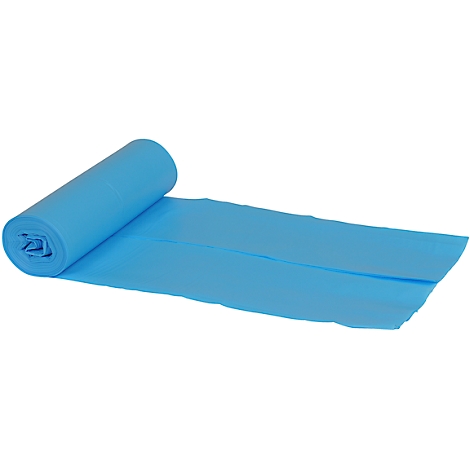 Un rouleau de sacs poubelles bleu clair en train de se dérouler.