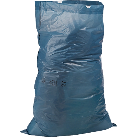 Sac poubelle bleu. Imprimé : symbole de recyclage et le numéro 27.