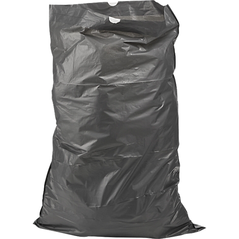 Sac poubelle gris sur fond blanc. Le sac est rempli, légèrement froissé.