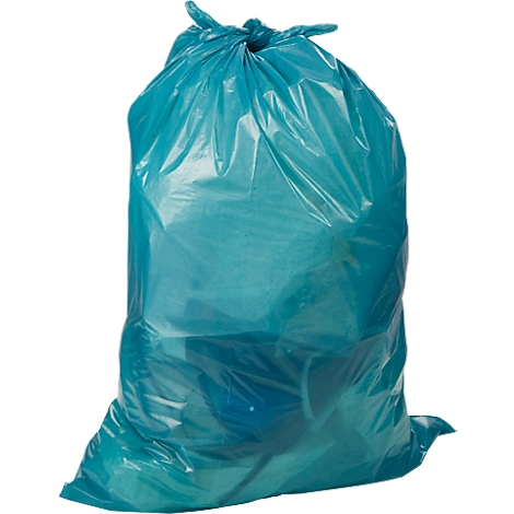 Sac poubelle bleu clair, noué en haut.