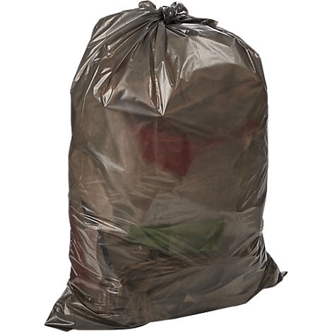 Un sac poubelle noir rempli, noué en haut.