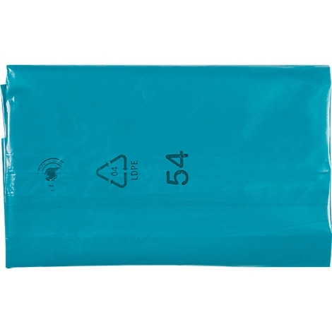 Sac en plastique turquoise avec symbole de recyclage, signe LDPE et impression '54'.