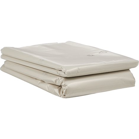 Deux matelas à langer beiges pliés. Le supérieur est partiellement placé sur le inférieur, les bords sont arrondis.