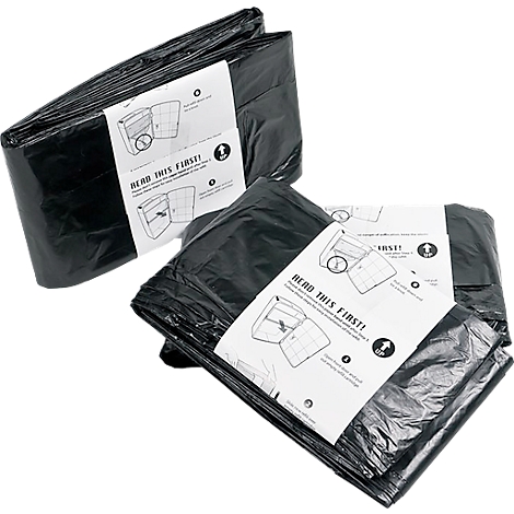 Paquets de sacs poubelles noirs avec note d'instruction 'READ THIS FIRST!'