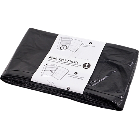 Sacs poubelles noirs roulés. Les instructions sont sur une bande de papier blanche. Flèche vers le haut.