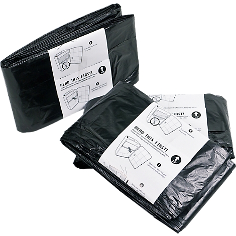 Paquets de sacs poubelles noirs avec instructions. Inscription : "READ THIS FIRST!"