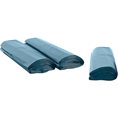 Trois rouleaux de sacs poubelles gris. Deux sont côte à côte, un autre à droite.