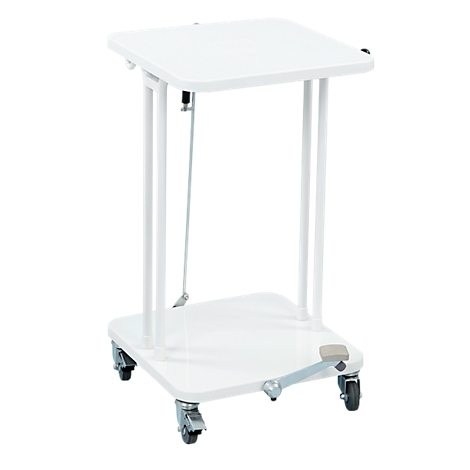 White, height-adjustable side table with wheels, square top, and foot pedal.