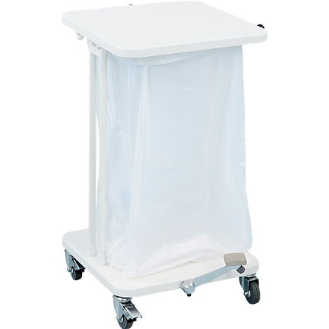White waste bin on wheels with lid and bag. A foot pedal opens the lid.