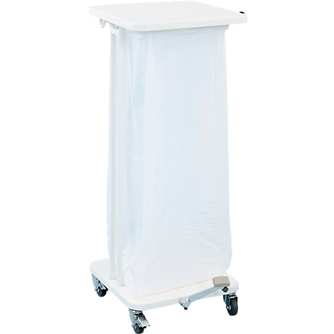 White laundry cart with bag and lid. Stands on castors.