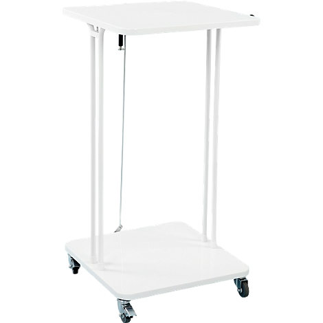 White rolling table. Square top and bottom plates, connected by four white bars.