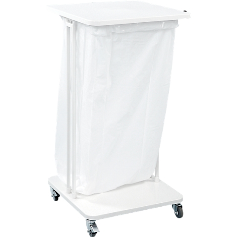 White laundry cart with plastic bag, castors. Top and frame. The cart is empty.