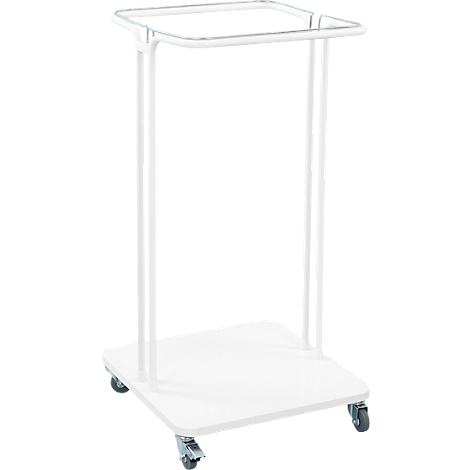 White laundry stand on castors, rectangular base. Square holder at the top.