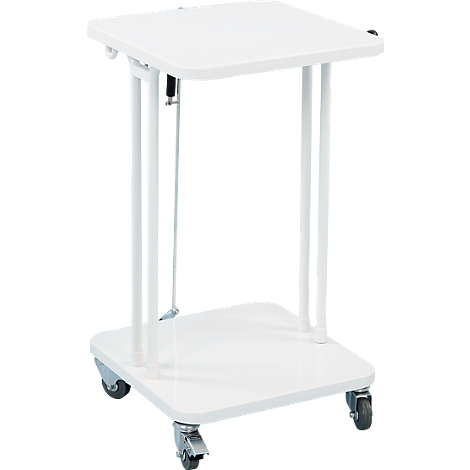 White, square side table with casters, steel construction. A top and bottom plate connected by slender white legs.