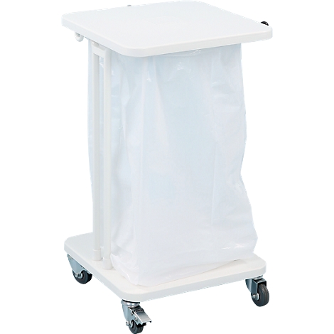 White trash bag cart with casters and a tabletop. The transparent bag is enclosed in a frame.