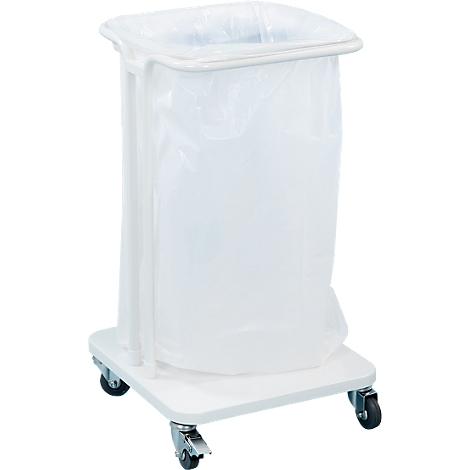 White laundry cart with plastic bag. On rollers, with rectangular base plate.