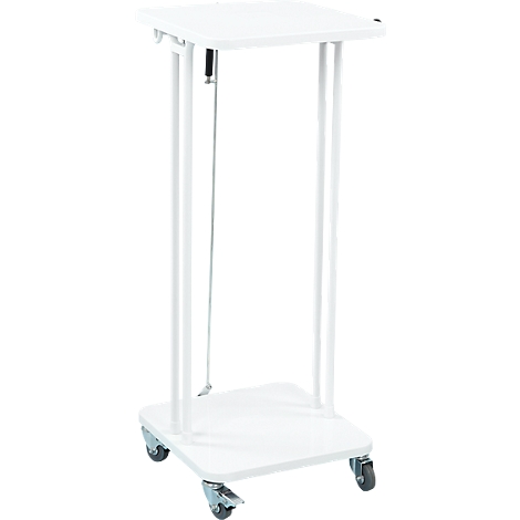 White mobile lectern on wheels, with a square shelf.